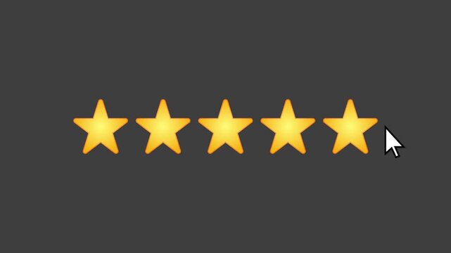 Video animation of a fictional website showing a mouse cursor clicking on a 1- to 5-star rating. Business concept for online star ratings.