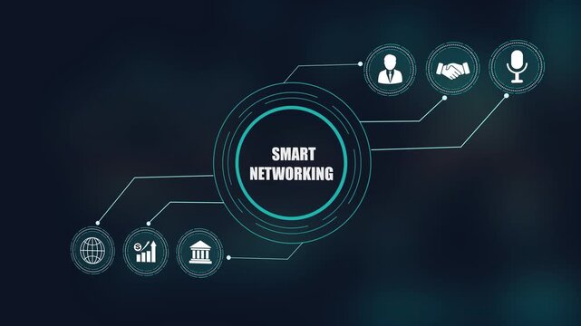 Smart networking concept video with digital hud interface, communication network structure design, global charts, leader management and handshake icons.
