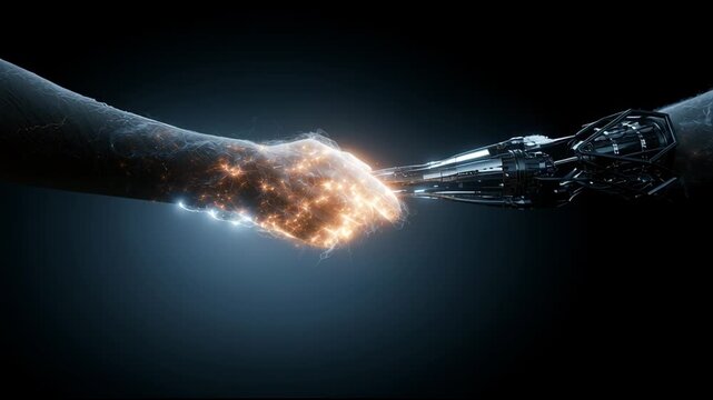 A human hand reaches out and connects with a robotic hand, creating light and energy as they make contact in a futuristic setting.