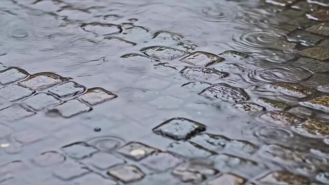 Raindrops falling on cobblestone street creating ripples in puddles.