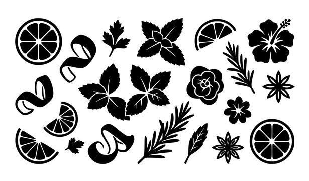 Abstract geometric cocktail garnish vector icons with citrus herbs and flowers modern black silhouettes set