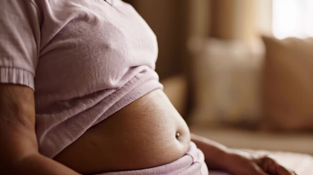 pregnant belly expanding and contracting side profile medium close-up as abdomen moves in steady breathing cycles, illustrating maternal respiration, fetal environment support, and natural body rhythm