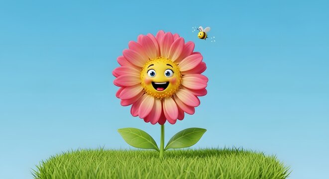 Cheerful animated pink daisy with a smiling face and a hovering bee in a bright green field under a clear blue sky