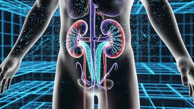 human in a layered diagnostic environment where kidneys pulse with structured filtration flow, illustrating renal function, fluid balance and internal purification in a medical visualization