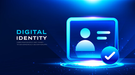 Digital identity verification technology blue interface vector banner with secure user profile and approval checkmark. Modern cybersecurity presentation background for authentication © StudioPixel2