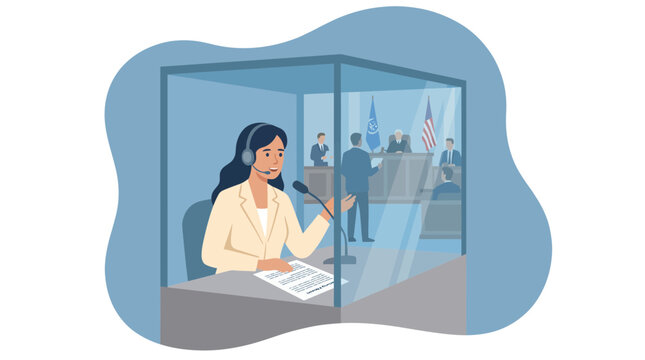 Female interpreter in soundproof booth at international court