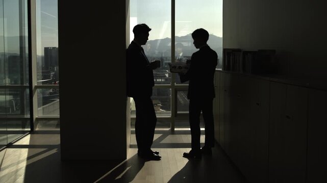 Silhouette of two businessmen discussing work in a modern office by a large window, with city views and bright sunlight. Professional collaboration and corporate success concept.