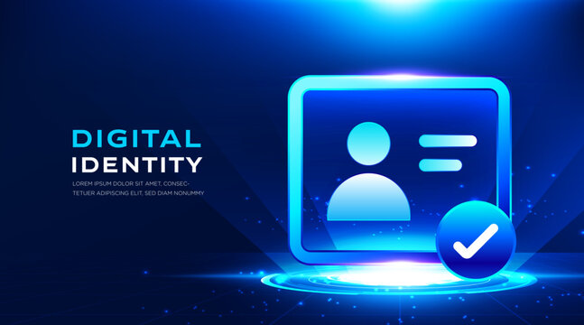 Digital identity verification technology blue interface vector banner with secure user profile and approval checkmark. Modern cybersecurity presentation background for authentication