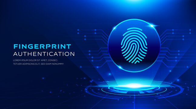 Fingerprint authentication security technology blue interface vector banner with biometric access verification and digital protection. Modern cybersecurity presentation background