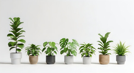 Fototapeta premium Various potted houseplants arranged in a row on white surface with houseplants greenery interior