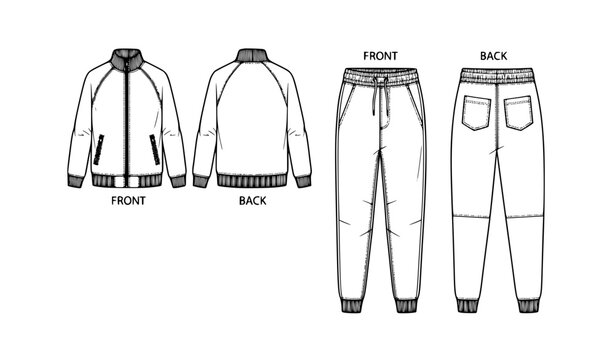 Long Sleeve Tracksuit Jacket and Jogger Pants Flat Sketch Vector Template with Front and Back View Winter Sportswear Design