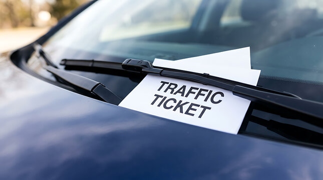 A Traffic Ticket Placed Under the Windshield Wiper of a Parked Blue Vehicle After a Violation