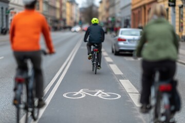 Naklejka premium Bicycle commuters cycling on urban street lane for city transport mobility