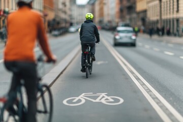 Naklejka premium Bicycle lane cyclist commuting on busy urban street with traffic and buildings
