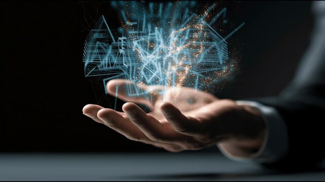 Hands project digital light images and symbols in a dark setting, creating dynamic patterns and movements as various elements shift.