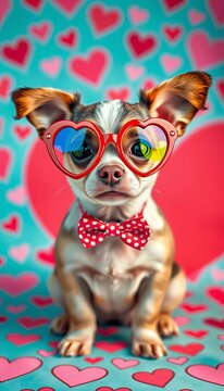 Adorable canine in heart-shaped glasses and bow tie on a whimsical heart background, capturing playful innocence, || adorable, whimsy