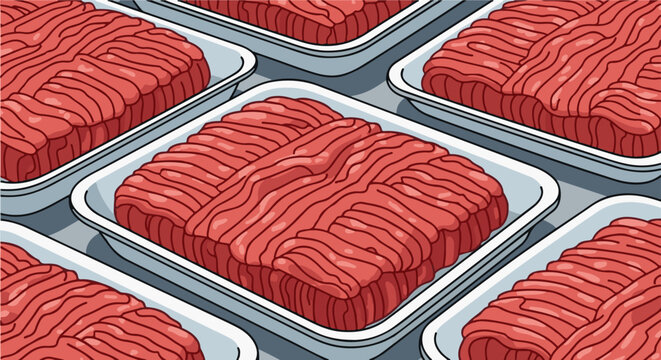 Multiple trays filled with ground red meat, ready for sale