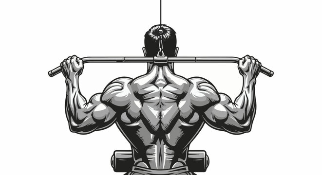 Muscular back performing lat pulldown exercise on a machine