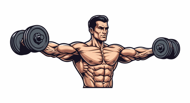 Muscular man exercising with dumbbells, showing defined abs and arms