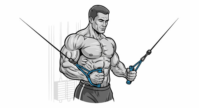 Muscular man performing chest flyes with a cable machine