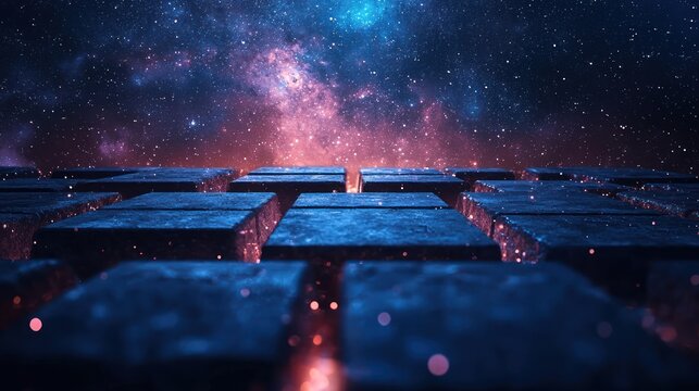 Perspective of a cosmic background beyond a glowing structure, with cubes against a starry sky