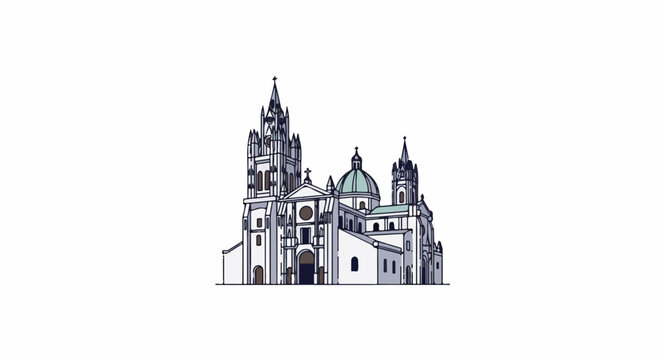 Ornate, multi-towered building with green domes, a cathedral-like structure