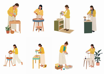 Fototapeta premium Set of flat vector illustrations depicting professional film crew members and grips setting up studio equipment, stands, and sandbags on a white background.