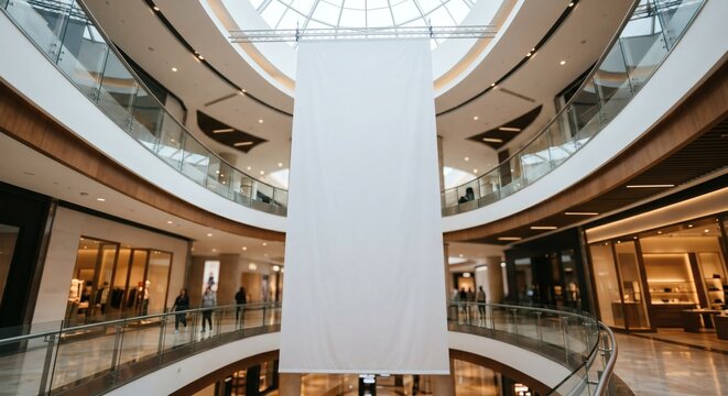 Blank white massive vertical banner mockup inside a shopping mall