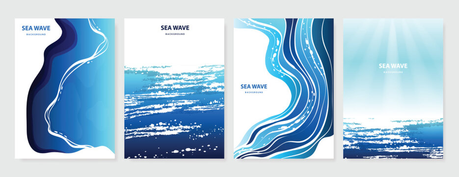 Blue sea and river Card set vector. Poster design with watercolor blue ocean wave pattern backdrop. Modern illustration for cover, banner, website, decor, interior.
