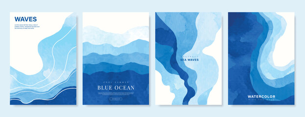 Blue sea and river Card set vector. Poster design with watercolor blue ocean wave pattern backdrop. Modern illustration for cover, banner, website, decor, interior. © babeer