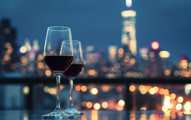 Obraz premium Wine glasses with red wine on balcony, blurred city lights bokeh night celebration