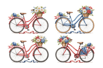Obraz premium set of Watercolor Bicycle with Flowers Clipart, Cute Patriotic Summer vector illustration isolated on white background
