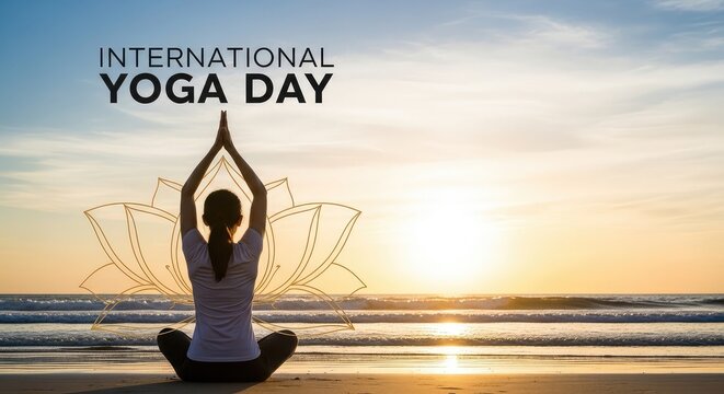 Peaceful water reflection showing a calm silhouette of a woman meditating outdoors during a beautiful international yoga day sunset