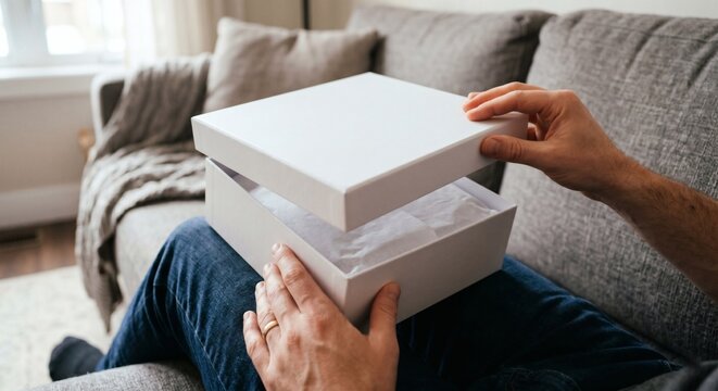 Blank white luxury gift box mockup opened on lap POV