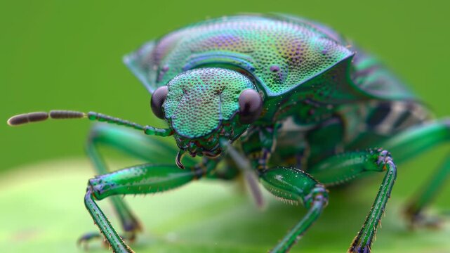 Close-up macro shot of a metallic green insect on a green leaf