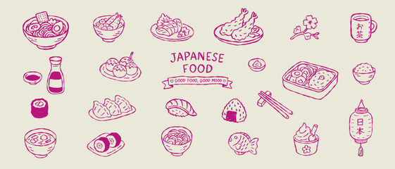Hand drawn Japanese food doodle set with sushi ramen tempura and traditional cuisine
