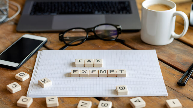 A cluttered wooden desk with tax exempt paperwork and office supplies