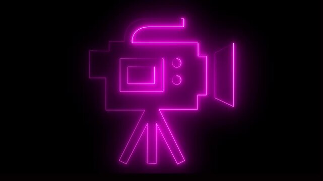 Glowing neon line video camera icon animation on black background. Neon violet camera icon.