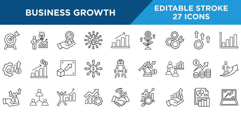 Business growth line icons set with growth, market expansion, performance, gain, business, expansion, revenue, and success concepts. Editable stroke vector collection.