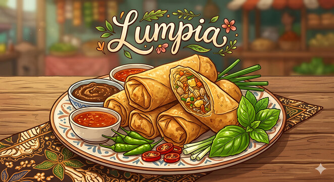 vibrant drawing of delicious lumpia, a type of spring roll