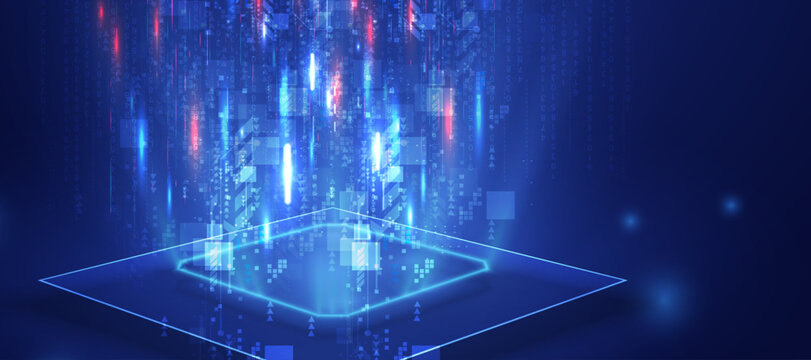 Digital technology background featuring a futuristic data stream and glowing binary code interface.