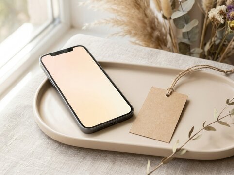 Smartphone Mockup with Blank Tag on Oval Tray, Bright Natural Light, Clean Workspace Layout, Branding Presentation Concept