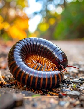 A close-up photo of a curled millipede with orange and brown segments on a rocky ground