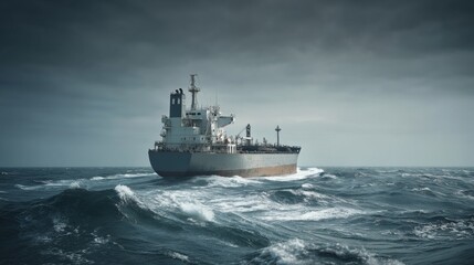 Obraz premium Freight ship navigating through rough seas with dark clouds overhead, showcasing the power of maritime transportation and the vastness of the ocean
