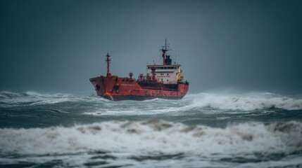 Fototapeta premium Stranded Cargo Ship in Turbulent Ocean Waves Under Stormy Sky Captures Essence of Maritime Struggles and Nature’s Power on a Gloomy Day