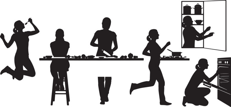 Diverse Daily Life Activities Depicted as Black Silhouettes Cooking, Eating, Exercising, and Household Chores