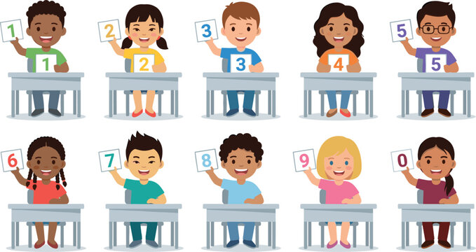 Diverse Cartoon School Kids Sitting At Desks Holding Colorful Number Flashcards From Zero To Nine For Early Math Learning Illustration