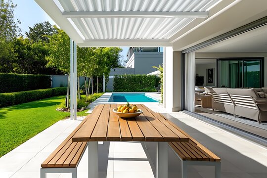Luxurious outdoor patio with dining table, sparkling pool, and green garden