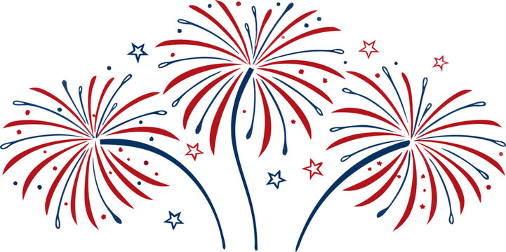 Patriotic fireworks icons collection with American colors, isolated design elements for Independence Day graphics and holiday projects.
