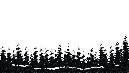 Black silhouette of coniferous trees against transparent background, forest border. © SJB studio